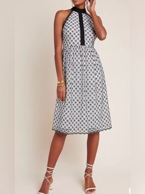 Anthropologie eri + ali NWT Embroidered Halter Midi Dress Size 0 Black White